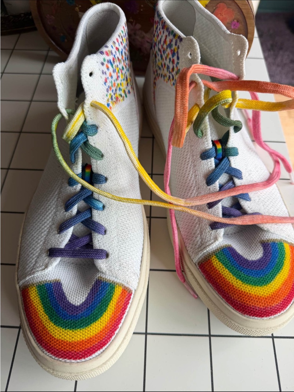 Rothy's White High-Top Sneakers with Rainbow Toe and Multicolor Laces Size10